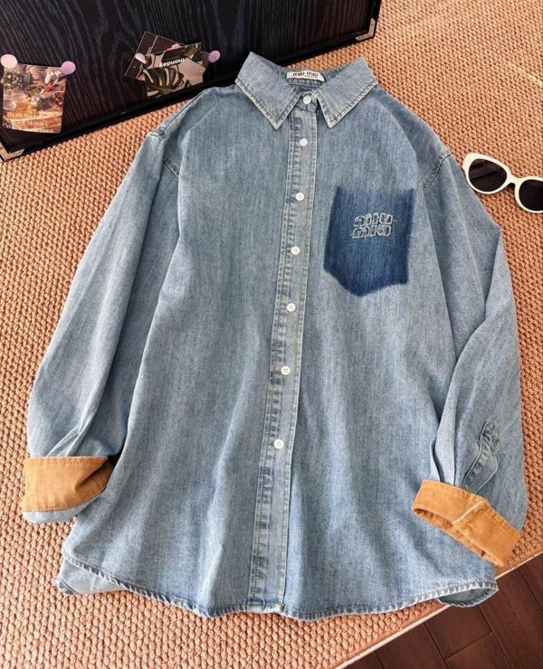 미*** 25 페이크 포켓 패치 로고 데님셔츠  수입