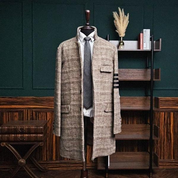 톰* 사선완장 글렌체크 울 코트